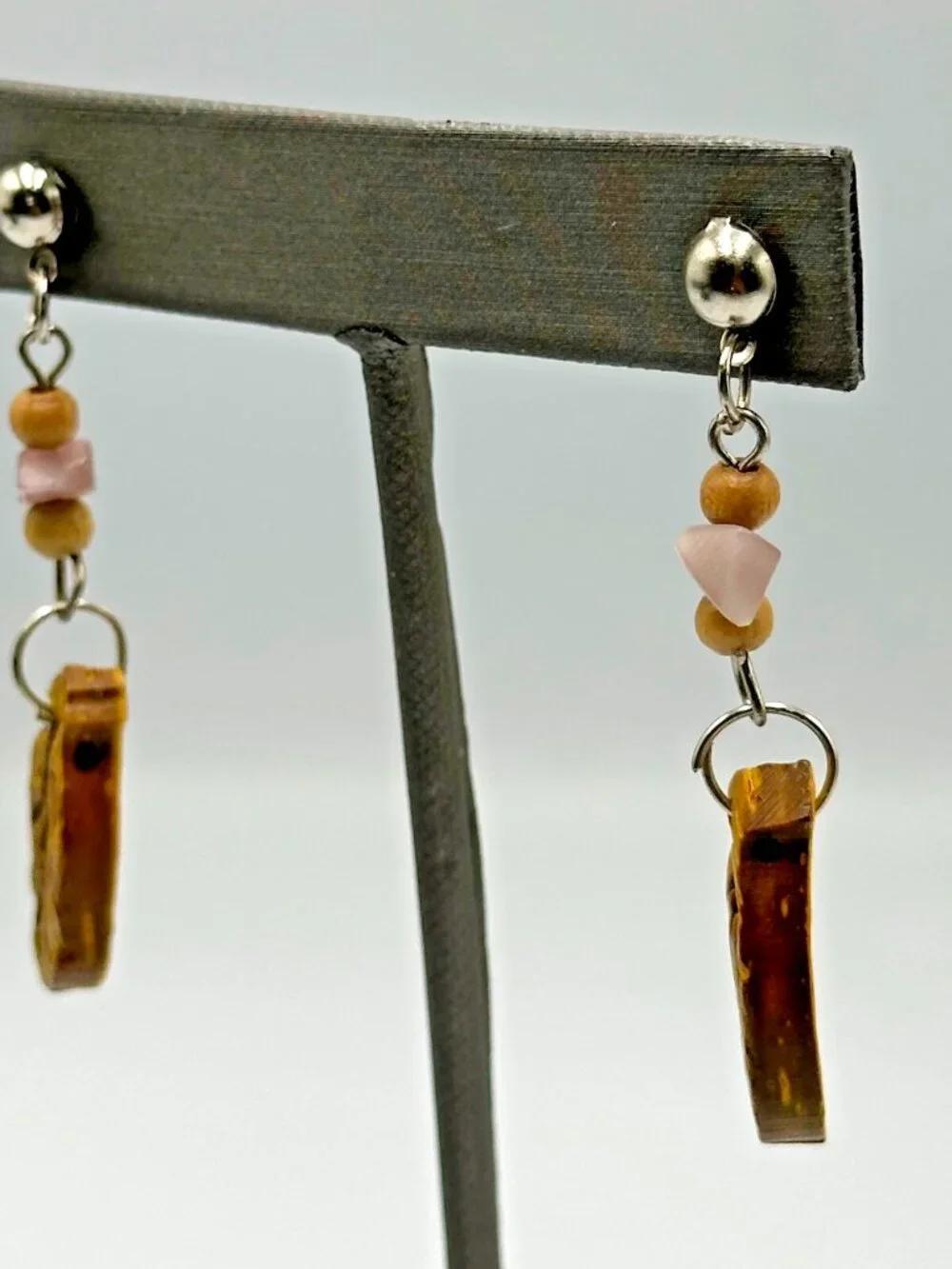 3/$30 Leaf Carved Earrings Wood Beads Dangle Boho Natural Earth Tone Pierced 2
